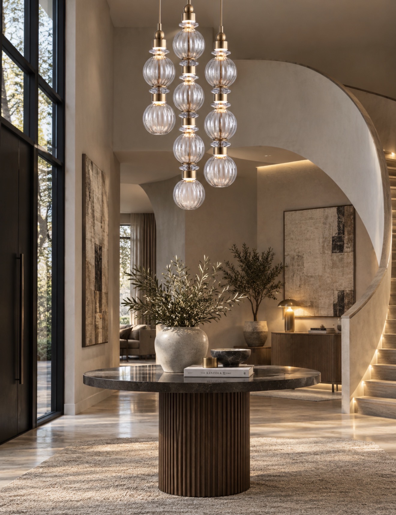 Luxury foyer with cascading ribbed-glass globe pendants, curved staircase and round dark table