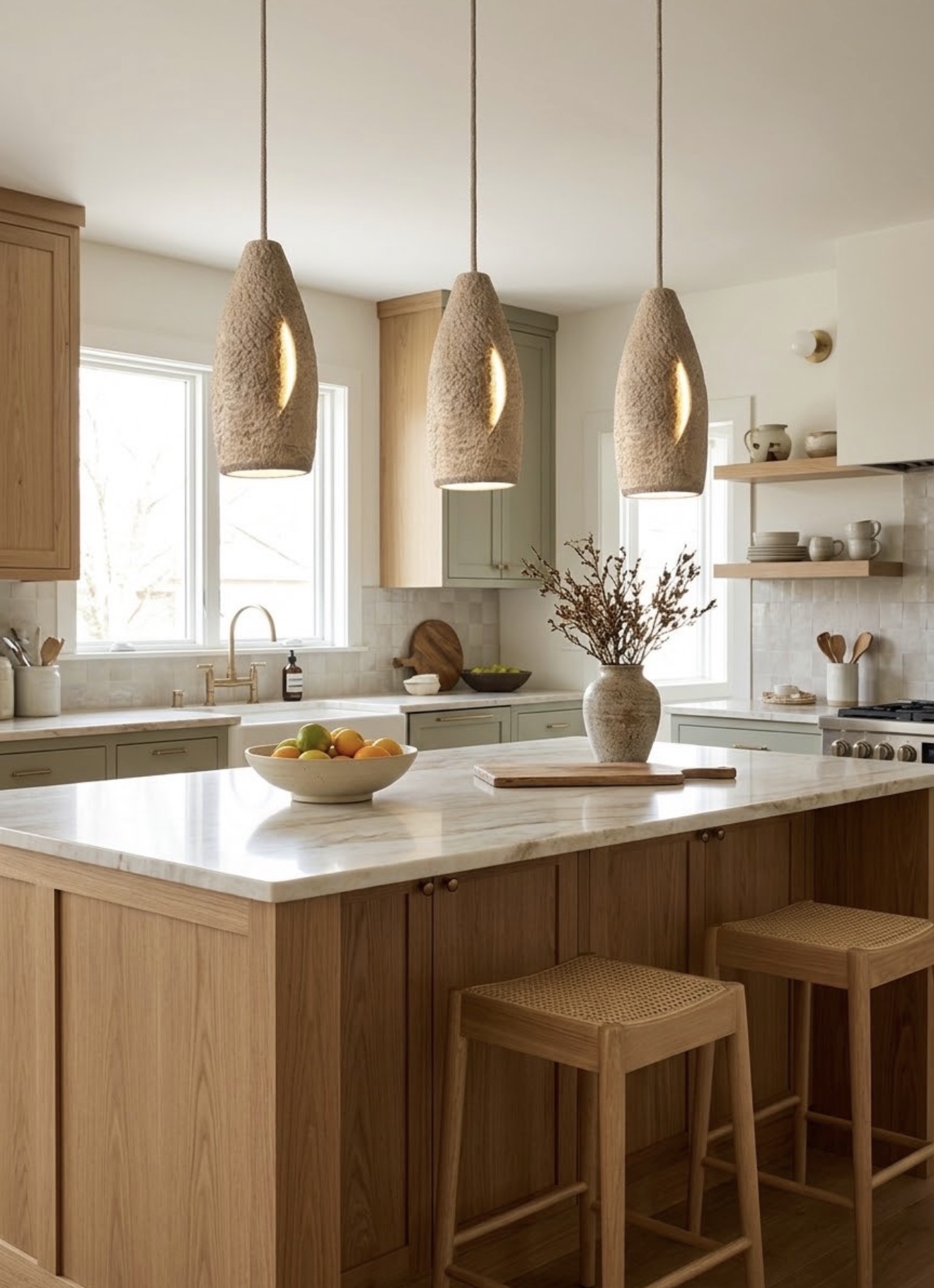 Warm wood kitchen with three textured beige pendant lights over a white stone island