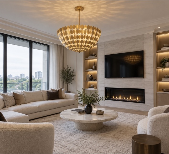 Modern cream living room with a bowl-shaped gold chandelier made from overlapping oval pieces