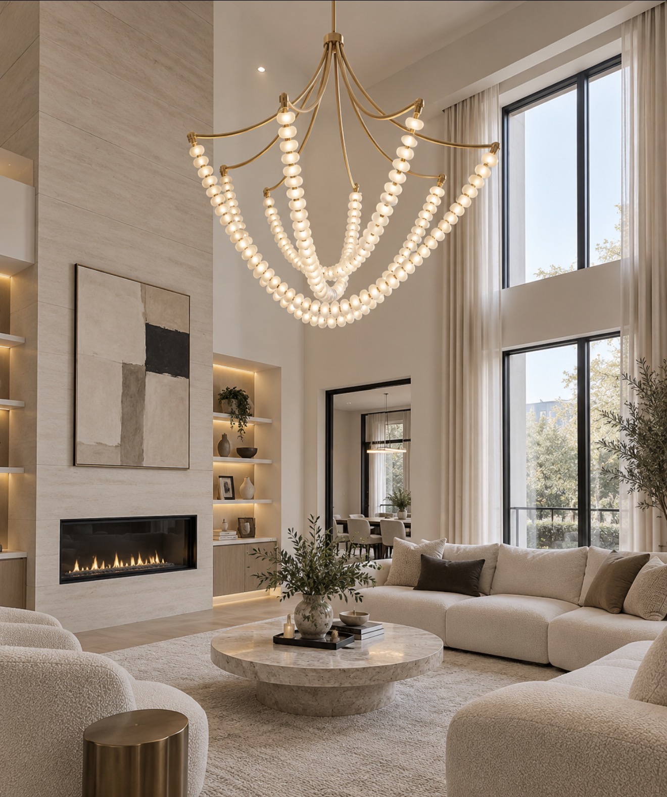 Double-height cream living room with a large draped gold chandelier made from glowing white globe lights
