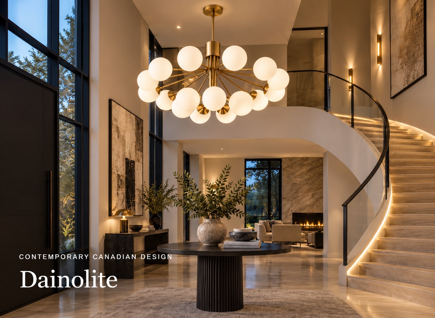 Globe chandelier in a foyer with a curved staircase