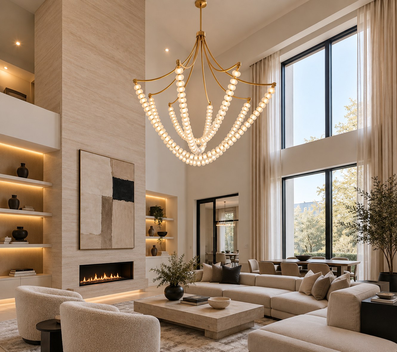 Gold chandelier in a bright double-height living room